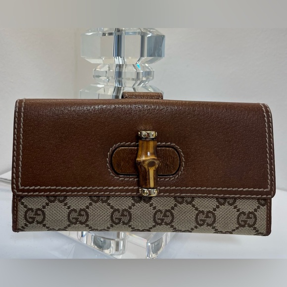 GUCCI Leather Long Continental Wallet, GG Canvas Bambo Interlocking Turnlock EUC - Picture 14 of 15